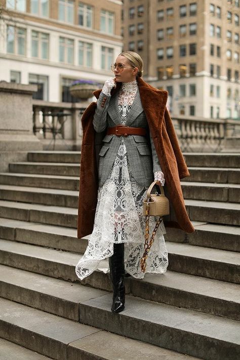 Lace Dress With Blazer Outfit, Layered Style Clothes Outfit Ideas, Blair Eadie Style, Lace Dress Layered Outfit, Clothes Layering Ideas, Creative Style Outfits Inspiration, Lace Layered Outfit, Layering With Dresses, Blazer Belt Outfit