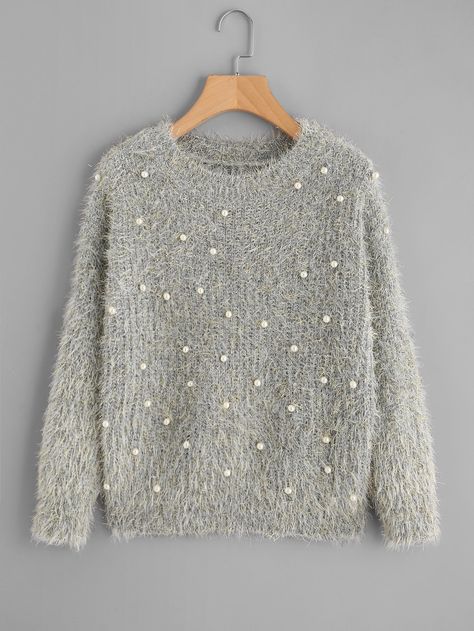 Shop Pearl Beading Fluffy Sweater online. SheIn offers Pearl Beading Fluffy Sweater & more to fit your fashionable needs. Cute Winter Sweaters, Pearl Clothing, Pearl Beading, Dress Book, Fluffy Sweater, Women Sweaters, Stylish Dress Book, Embellished Top, Women's Sweaters