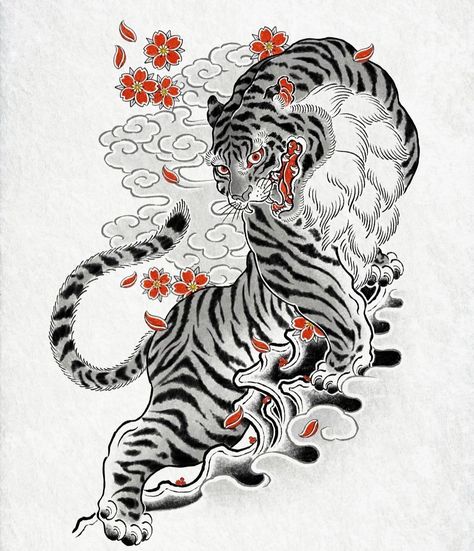 Japanese Tiger Art, Tigre Y Dragon, Japanese Irezumi, Japanese Tiger Tattoo, Tiger Tattoo Sleeve, Sakura Tattoo, Japanese Tiger, Tiger Artwork, Yakuza Tattoo