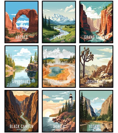 PRICES MAY VARY. QUALITY PRINTS: National park poster set is printed on 100% new and premium quality 350gsm glossy paper with surface coated for a durable,waterproof ,cleanable. It is printed in a high-tech digital printing machine which makes our prints fade-resistant.The inks used in production are 100% nature friendly. National park poster set can be used in all living spaces with peace of mind. READY TO FRAME: Please note that these national park wall art set of 9 do not come with frames. Pl National Park Nursery, Vintage National Park Posters, Vintage National Park, Digital Printing Machine, National Park Art, Wall Art Diy Paint, Nature Collage, Travel Wall Decor, Mountain Print