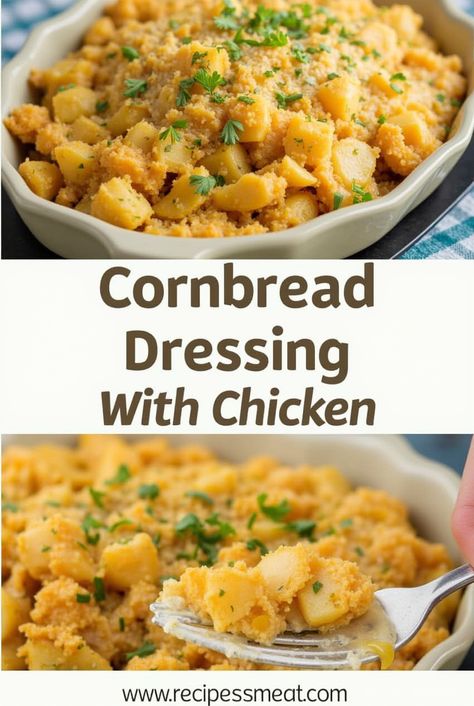 Make this tasty and simple cornbread dressing with chicken right at home! Perfectly seasoned and full of flavor, it’s a cozy and satisfying meal everyone will love. Save this recipe for your next dinner!

#CornbreadDressing #ChickenRecipe #ComfortFood #HomemadeMeals #EasyCooking #DinnerIdeas #TastyMeals #CookingAtHome #FamilyFavorites Dressing With Chicken, Simple Cornbread, Easy Cornbread Dressing, Cornbread Dressing With Chicken, Homemade Cornbread Dressing, Perfect Cornbread, Tasty Chicken Recipes, Chicken Cornbread, Delicious Cornbread