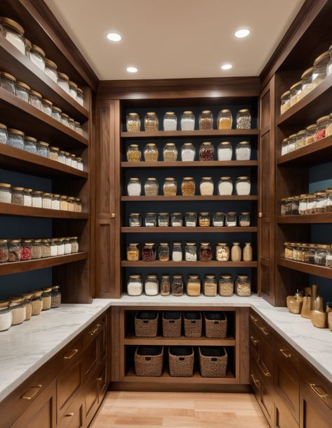 48 Pantry Shelving Ideas To Maximize Space And Organization U Shape Pantry, Large Pantry Design, Hidden Pantry Walk In, Hidden Pantries, Open Shelving Pantry, Dream Pantry Walk In, Luxury Pantry, House Organization Ideas, Pantry Shelving Ideas