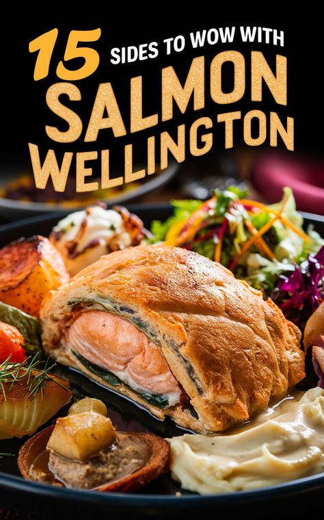 Impress your guests with these delectable side dishes to serve with Salmon Wellington! 🥂🍴 #dinnerparty #foodgoals What To Serve With Salmon Dinners, Salmon Thanksgiving Dinner, Salmon For Christmas Dinner, Salmon Wellington Side Dishes, Puff Pastry Salmon Wellington, Spinach & Cheese Stuffed Salmon Wellington, Salmon Wellington Recipe, Grilled Teriyaki Salmon, Salmon Wellington