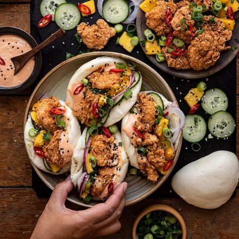 Crispy Prawn and Mango Bao with Chilli Mayo | Bunny Eats Design Sushi Table, Chilli Mayo, Tempura Prawns, Dumpling Dipping Sauce, Steamed Bao, Hungry People, Bao Buns, Dipping Sauces, Celery Seed