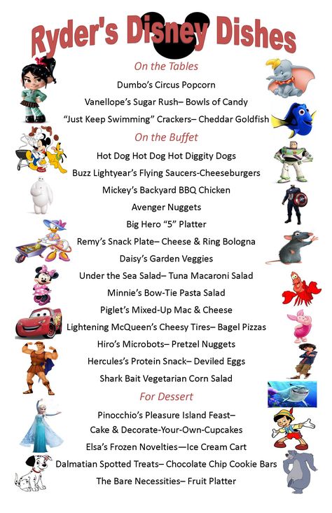 Disney Jr Birthday Party Ideas, Grown Up Disney Party, Disney Party Ideas For Adults Decoration, Disney Menu Ideas, Disney Themed Party For Adults, Disney Party Ideas For Adults, Disney Movie Themed Food, Disney Party Food, Adult Disney Party