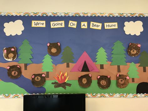 Going on a bear hunt Bear Hunt Bulletin Board, Bears Bulletin Board Ideas, Going On A Bear Hunt Bulletin Board, Bear Door Decoration Preschool, Classroom Bear Theme, Teddy Bear Bulletin Board Ideas, Outdoor Bulletin Board Ideas, Bear Classroom Door, Polar Bear Preschool