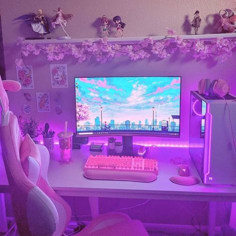 Cute Gaming Room, Purple Gaming Setup, Purple Gaming Room, Girls Gaming Setup, Purple Themed Bedroom, E Girl Room, Pink And Purple Room, Galaxy Bedroom, Gaming Bedroom