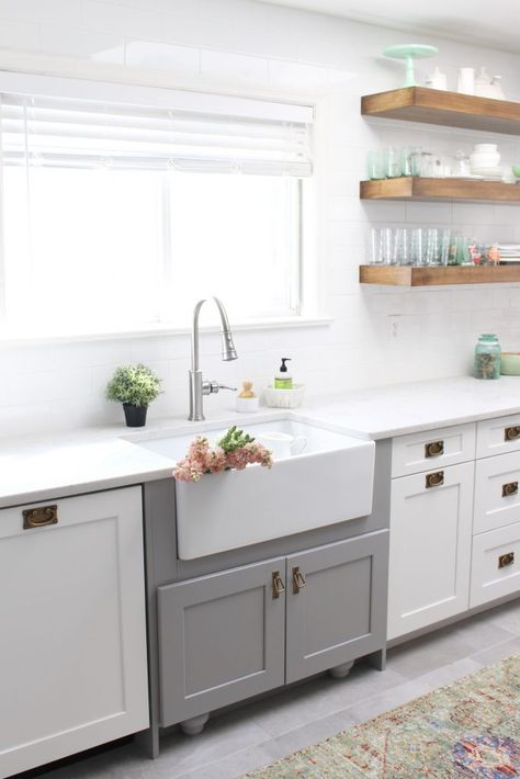 farmhouse sink- Elkay Fireclay Sink- cottage kitchen renovation- extra deep sink- white- kitchen renovation- single bowl sink- undermount farmhouse sink- kitchen- gray cabinets- white cottage kitchen- makeover- home design- room inspiration- Explore faucet- one hole faucet- pull-down sprayer Kitchen Sink Cabinet Different Color, Kitchen Sink Decor Ideas, White Cottage Kitchen, Cottage Kitchen Renovation, Diy Kitchen Makeover Ideas, White Kitchen Renovation, Kitchen Sink Decor, Sink Undermount, Kitchen Gray