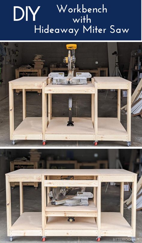 DIY Workbench with Hideaway Miter Saw - Bitterroot DIY Garage Workbench Plans, Mitre Saw Station, Wood Chop, Work Shops, Miter Saw Table, Building A Workbench, Workbench Designs, Woodworking Hacks, Mitre Saw Stand