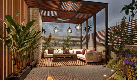 Open Terrace Ideas, Open Terrace, Modern Patio Design, Steel Pergola, Bali Villa, Decorative Ideas, Garden Gazebo, Terrace Design, Backyard Inspo