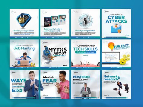 Social media designs for a cyber security company involving tips, facts and infographics about the cyber security😀 Branding Poster Design, Instagram Grid Layout, Branding Poster, Job Poster, Event Security, Security Guard Services, Facebook Post Design, Business Graphics, Security Company