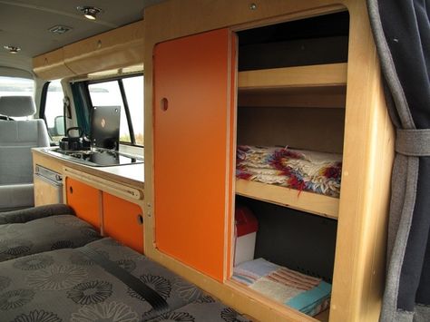 Passenger side counter, sink, and full height cabinet with sliding doors T4 Camper Interior Ideas, Rangement Caravaning, Camper Fridge, Vw Kampeerwagens, Kombi Trailer, Kangoo Camper, Rock And Roll Bed, T4 Camper, T3 Vw