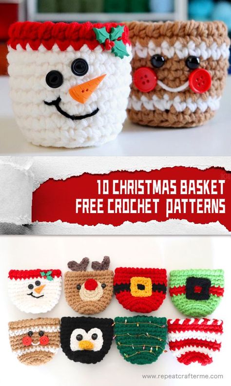 Crochet Pour Halloween, Christmas Crochet Patterns Free, Crocheted Christmas, Crochet Free Patterns, Christmas Basket, Crochet Christmas Gifts, Crochet Snowman, Confection Au Crochet, Crochet Xmas