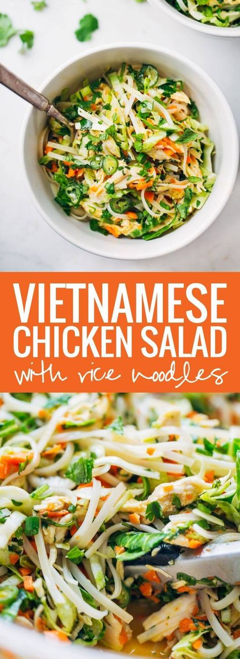 Vietnamese-Inspired Chicken Salad with Rice Noodles Recipe - Pinch of Yum Vietnamese Chicken Salad, Red Curry Sauce, Rice Noodle Recipes, Rice Noodle Salad, Bread Salad, True Food, Bread Appetizers, Shredded Carrot, Rice Noodles