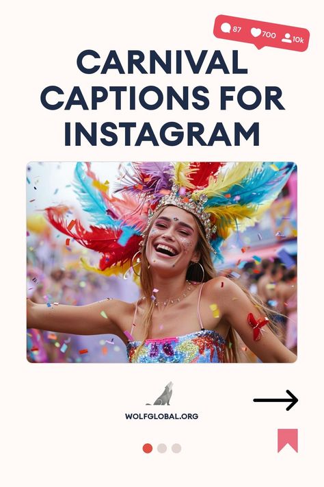 A joyous woman in carnival attire with colorful feathers celebrating with confetti.
An infographic with a checklist of whimsical carnival-themed statements and a call-to-action button.
Ad for an Instagram Engagement Pod showing a happy woman with a laptop and social icons. Circus Captions Instagram, Carnival Captions, Carnival Spirit, Miami Carnival, Carnival Lights, Aesthetic Captions, Caribbean Carnival, Light Quotes, Rio Carnival