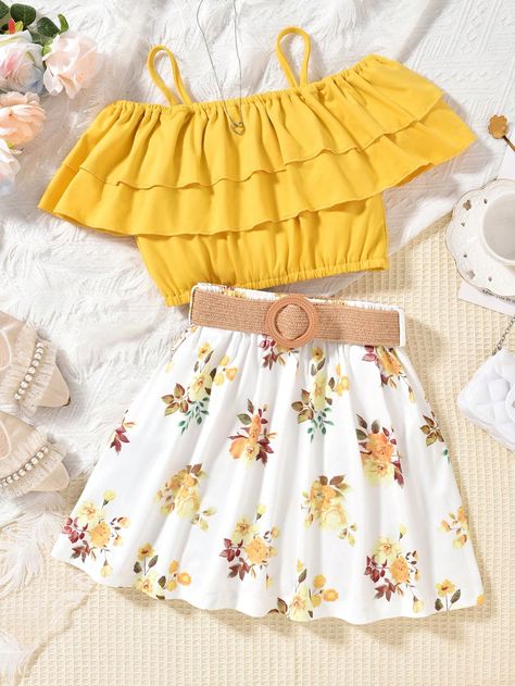 SHEIN Tween Girls' Summer Vacation Style Cold Shoulder Multi-Layered Lace Top And Floral Printed Skirt Two-Piece | SHEIN USA Cute Fit Ideas Aesthetic, Cute Mushroom Clothes, Cute Summer Outfits For Girls 9-10, Cute Clothes Ideas For School, Really Cute Outfits For School, Cute Diy Clothes, Cute Yellow Outfits, Sunflower Clothes, Summer Clothes For Kids