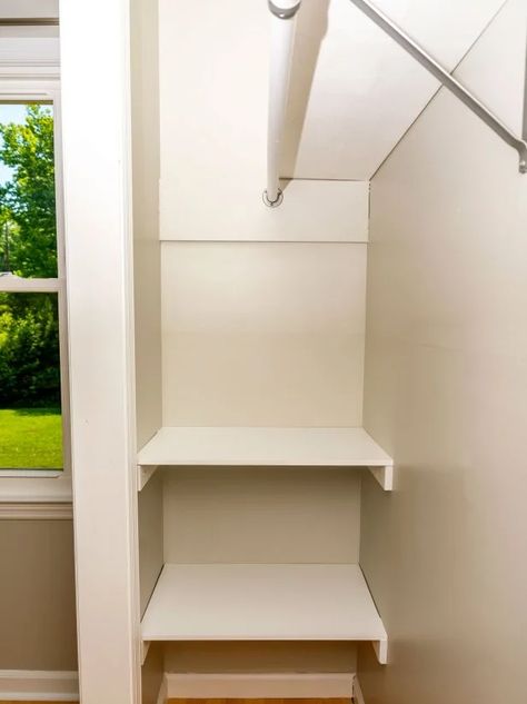 Closet Organization: Easy DIY Closet Shelves Closet Shelf Spacing Guide, Corner Shelf Closet, How To Install Shelves In Closet, Add Shelves To Closet, Easy Closet Shelves, Diy Corner Shelves, Diy Corner Shelf, Storage Closet Shelving, Cheap Closet