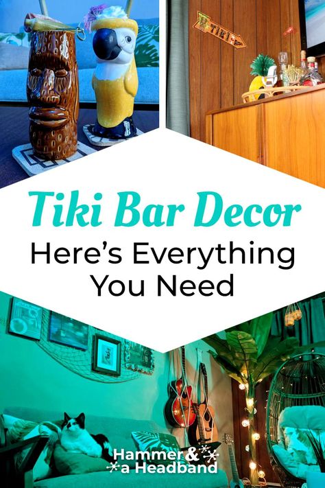 Here’s everything you need to set up a home tiki bar, including furniture, lighting and decor. Find ideas for your bar or liquor cabinet, start your tiki mug collection and decorate your dreamy tiki bar. #tikibar #homedecor Tiki Bar Color Palette, Tiki Bar Lighting Ideas, Outdoor Tiki Bar Decor, Tiki Party Decorations Diy, Backyard Bar Decor, Tiki Lounge Decor, Tiki Pool Ideas, Tiki Style Decor, Christmas Tiki Bar