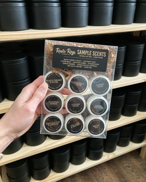 Sometimes you want to try before you buy full sized products - we get it! Grab one of our sample packs featuring our 9 Signature Scents in tea light form. Perfect for smelling to figure out which scents you like (or don't) and which ones you absolutely can't live without! Made with 100% pure soy wax, phthalate free premium fragrance oils, and lead and zinc free cotton wicks. Sample Candle Ideas, Wholesale Candle Suppliers, Unique Candle Business Ideas, Candle Sample Ideas, Candle Collection Display, Candle Scent Names, Candle Packing Ideas, Candle Business Ideas, Candle Display Ideas