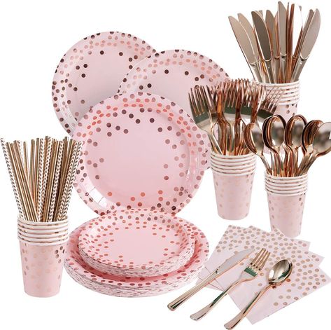 Pink Gold Party, Girls Birthday Party Decorations, Rose Gold Paper, Eid Al-adha, Plastic Forks, Plastic Cutlery, Rose Gold Party, Plastic Spoons, Disposable Plates