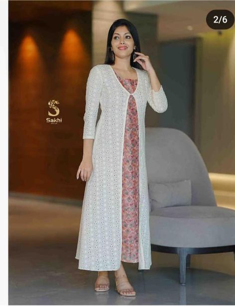 Overcoat Model Kurti, Overcoat Churidar Model, Printed Hakoba Kurta Designs, Frock With Coat For Women, Overcoat Kurti Design Long, Over Coats On Kurtis, Coat Model Kurtis, Jacket Kurti Designs, Hakoba Kurta Designs