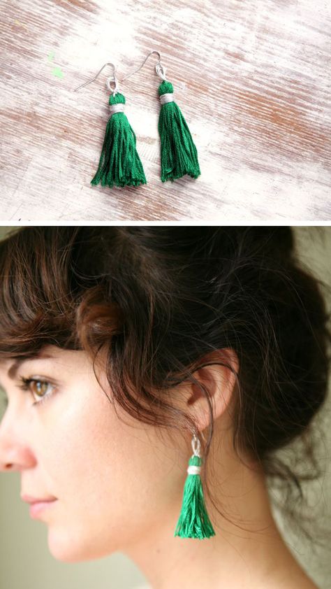 How to Make An Emerald Tassel Necklace and Earrings | http://helloglow.co/how-to-make-a-tassel-necklace-and-earrings/ Handmade Jewelry Diy Bracelets, Diy Tassel Earrings, Green Tassel Earrings, Tassel Crafts, Diy Graduation, Puzzle Jewelry, Graduation Jewelry, Diy Tassel, Jewelry Diy Bracelets