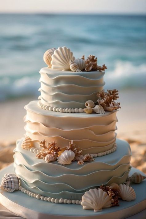 Ocean Wedding Inspiration, Nautical Beach Wedding, Sea Themed Wedding Cake, Coastal Cake Ideas, Beachy Wedding Cake, Boho Beach Cake, Blue Beach Wedding Cake, Wedding Cake Ocean, Sea Wedding Decorations