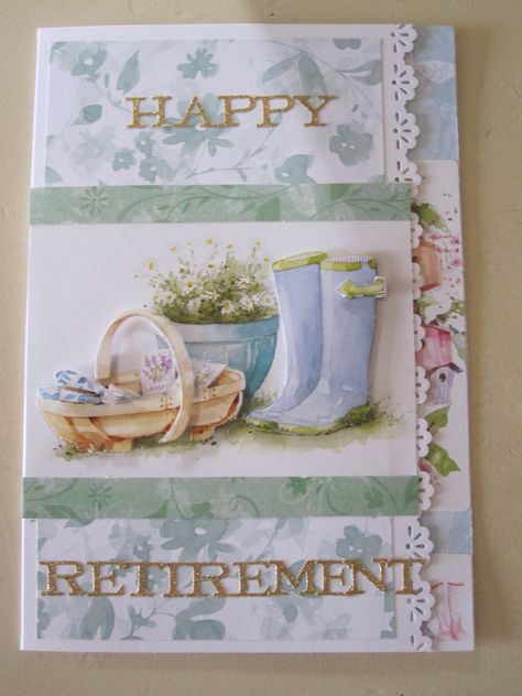 Ladies retirement card Retirement Cards Handmade, World Map Printable, Hand Crafted Cards, Retirement Cards, Happy Retirement, Get Well Gifts, Cards Printable, Button Cards, Card Making Tutorials