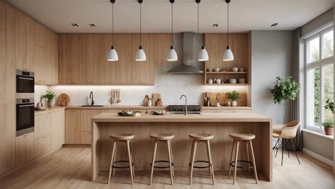 modern kitchen with wood accents Scandinavian Kitchen Island, Kitchen With Wood Accents, Kitchen Flooring Trends, Kitchen Tile Inspiration, Industrial Chic Kitchen, Ensuite Bathroom Designs, Rustic Industrial Kitchen, Compact Kitchen Design, Sleek Cabinet