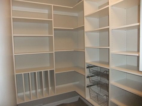 Corner Pantry Shelving Ideas, Walk In Pantry Ideas Layout, L Shaped Pantry, Kitchen Pantry Ideas, Walk In Pantry Ideas, Pantry Shelving Ideas, Closet Factory, Custom Pantry, Corner Pantry