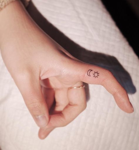 Finger Tattoos - Tattoo Insider Meg Tattoo, Sun And Moon Finger Tattoo, Moon Finger Tattoo, Simple Sun Tattoo, Simple Finger Tattoo, Sun Tattoo Small, Cute Finger Tattoos, Small Finger Tattoos, Finger Tattoo For Women