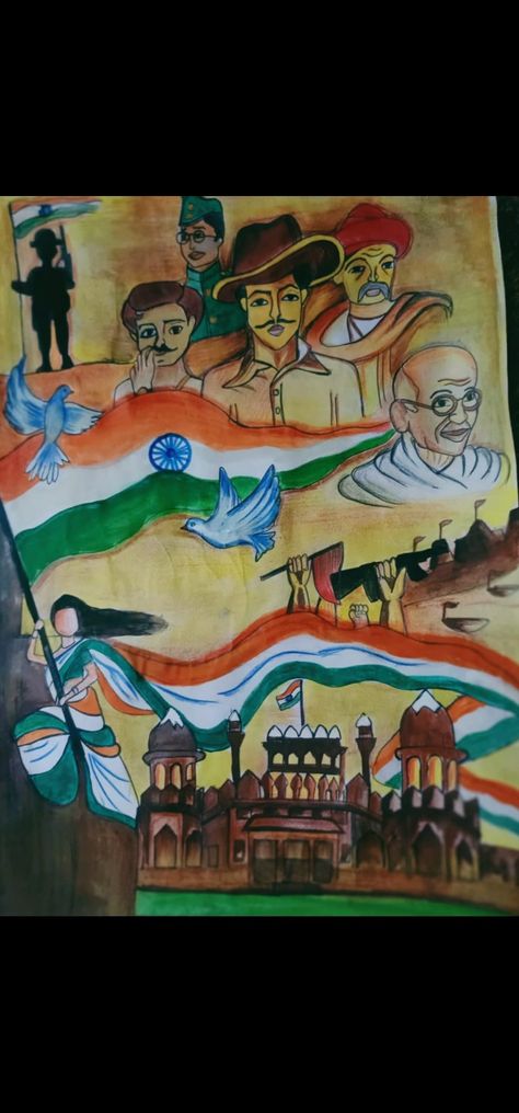 This painting is about the glory of India . This picture depicts the brave freedom fighters who fought against British for their motherland. I have used watercolor in this painting and really enjoyed while making it . Hope you all like it 😊 India Freedom Fighters Drawing, Patriotism Paintings India, Freedom Fighters Of India Drawing Easy, Veer Gatha Drawing Painting, Freedom Fighters Of India Poster, Veer Gatha Poster Making, Veer Gatha Painting, Freedom Fighters Painting, Freedom Fighter Drawing