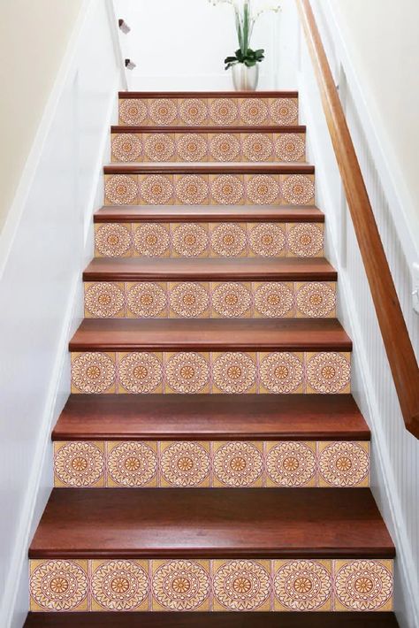 3D Round Flower 662 Stair Risers | AJ Wallpaper Vinyl Stair Risers, Staircase Decals, Decal Wallpaper, Vinyl Stairs, Stair Decals, Stair Riser Decals, Stairs Makeover, Fall Coffee Table, Marble Stairs