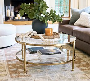 Everson Round Glass Coffee Table (41") Glass Coffee Table Decor Living Room, Glass Coffee Table Styling, Cozy Coffee Table, Glass Coffee Tables Living Room, Glass Coffee Table Decor, Brass Round Coffee Table, Round Coffee Table Styling, Round Gold Coffee Table, Round Coffee Table Decor