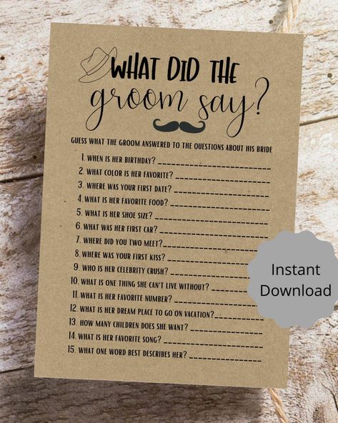 What Did The Groom Say Bridal Shower Game Printable Instant | Etsy Brunch Games, Bridal Shower Wine Theme, Rustic Bridal Shower Games, Engagement Party Games, Wedding Funny, Cocktail Party Themes, Shower Activities, Groom Party, Fun Bridal Shower Games