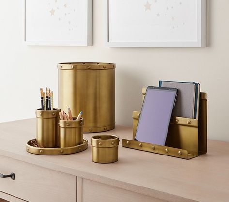 All Decor | Pottery Barn Kids Industrial Chic Desk, Desk Accessories Chic, Gold Desk Accessories, Chic Desk, Office Desk Accessories, Gold Desk, Accessories Organizer, Waste Bin, Insulated Lunch Box