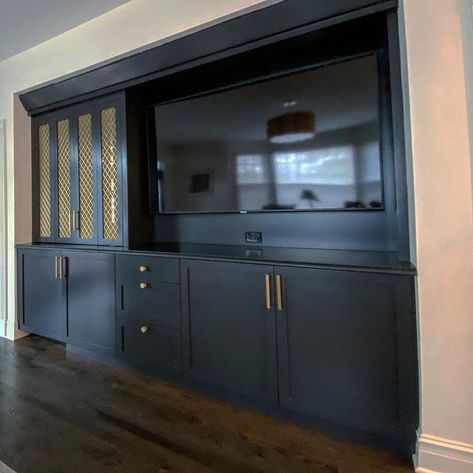 Bridget Galvin Design on Instagram: “Custom Bar & Media Wall with paneled wine fridge and giant tv. STORY: the builder left a gaping hole where the 90’z tv armoire was…” Wall Bar With Tv, Built In Tv Wall Unit With Bar, Tv And Bar Wall Unit, Media Wall With Bar, Kitchen Media Wall, Tv Wall With Bar, Bar And Tv Unit, Built In Bar Cabinet, Built In Tv Wall Unit