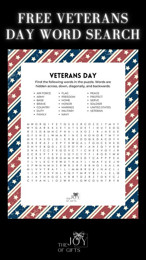 Are you looking for a Veterans Day activity? Have fun with this free printable Veterans Day word search from The Joy of Gifts! You'll also see other November word searches for Thanksgiving and the Fall season. Veterans Day Letter Template, Diy Veterans Day Gifts, November Word Search, Veterans Day Worksheets, Word Search Free Printable, Fall Word Search, Free Veterans Day, Thanksgiving Word Search, Veterans Day Activities