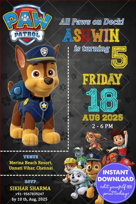 Playful Paw Patrol Themed Birthday Bash Invitation with Black Color Background Birthday Bash Invitation, Paw Patrol Theme Party, Paw Patrol Theme, Black Color Background, Playful Fonts, Paw Patrol Birthday Theme, Indian Invitation Cards, Paw Patrol Birthday Invitations, Paw Print Pattern