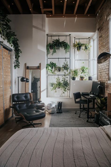 Maximalist, Modern, Industrial Loft with Plant Display Ideas | Apartment Therapy Modern Industrial Interior Design Living Room, Industrial Interior Design Apartment, Boho Industrial Bedroom, Maximalist Modern, Industrial Apartment Decor, Man Home Decor, Modern Industrial Loft, Industrial Glam, Industrial Apartment