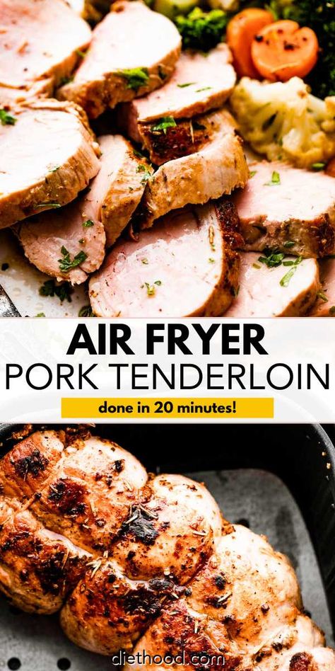 Make this caramelized and juicy pork tenderloin in the air fryer, seasoned with tangy Dijon mustard and savory herbs. This dish is incredibly easy to prepare and delivers fantastic flavors in just minutes. It's the perfect quick and delicious weeknight dinner that will have everyone asking for seconds! #airfryer #porktenderloin Air Fryer Pork Tenderloin, Juicy Pork Tenderloin, Air Fryer Pork, Pork Tenderloin Recipe, Frozen French Fries, Tenderloin Recipe, Savory Herb, Tenderloin Recipes, Low Carb Sides