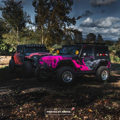 Meet Ronda Rhino and her fierce new Jeep half wrap! - We went all out with a bright pink design that flows from the hood down the sides, giving her Jeep a sleek, attention-grabbing look. And we couldn't resist featuring the Allied Motorsports Jeep Gladiator that we fully wrapped a few weeks back-talk about a showstopper! - Which Jeep would you want to drive off in? Drop a comment and let us know if you're team Half Wrap or Full Wrap! - #jeepgoals #jeep #vinylwrap #paintisdead #layednotspray... Jeep Wrangler Wrap, Two Door Jeep, Two Door Jeep Wrangler, New Jeep, Cars Jeep, Jeep Jl, Dream Cars Jeep, Jeep Gladiator, Pink Design