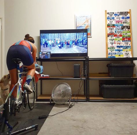 Bike Trainer Setup, Zwift Cycling Setup, Pain Cave Cycling, Zwift Setup, Bike Cave, Zwift Cycling, Bike Workshop, Bicycle Room, Home Office/gym