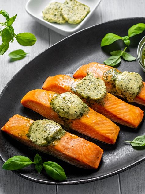 Simple Pesto Butter Salmon Pesto Butter Salmon, Costco Salmon, Pesto Salmon, Butter Salmon, Toasted Pine Nuts, Pesto Recipe, Italian Dishes, Healthy Fats, Salmon Recipes