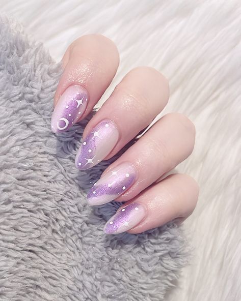 Galaxy Nails: 44+ Out of This World Designs You Will Fall in Love With 42 Moon Star Nail Art, Purple Galaxy Nails, Galaxy Nail Designs, Nails Galaxy, Black And Purple Nails, Galaxy Nail, Planet Nails, Star Nail Designs, Purple Ombre Nails