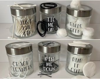 Bathroom Jars Ideas, Bathroom Storage Hacks, Bathroom Jars, Funny Bathroom Decor, Glass Jars With Lids, Funny Bathroom, Upstairs Bathrooms, Glass Bathroom, Home Organization Hacks