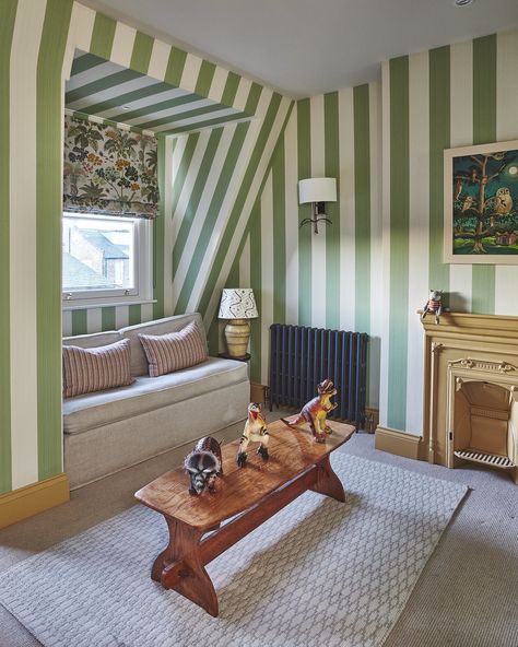 green and white striped wallpaper, kids playroom, childrens playroom, childrens snug, kids snug, yellow woodwork Green Stripe Nursery, Green Striped Wall, Painted Stripes On Wall, Striped Ceiling, Green Kids Rooms, Striped Nursery, Fun Nursery, Striped Room, Striped Walls