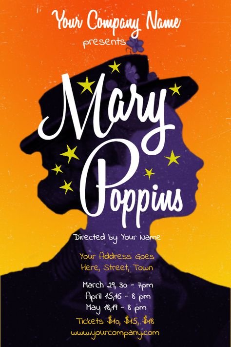 Mary Poppins play poster template. Click to customize. Romeo And Juliet Poster, Musical Theatre Posters, Play Poster, Promotional Flyers, Musical Plays, Theatre Design, Theatre Poster, Mary I, Free Poster