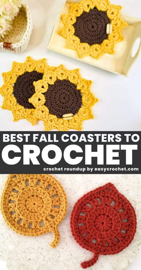 Crochet Pumpkin Trivet Pattern, Thanksgiving Crochet Coasters, Crochet Fall Coasters, Fall Crochet Patterns Free, Worsted Weight Yarn Patterns, Cotton Yarn Patterns, Fall Coasters, Fall Crochet Projects, Crochet Fall Decor