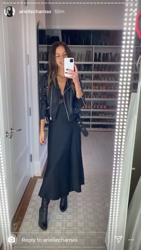 Slip Dress Leather Jacket Outfit, Arielle Charnas Style, Dress Leather Jacket, Arielle Charnas, Night Style, Dress Leather, Slip Skirts, Black Slip Dress, Leather Jacket Outfits